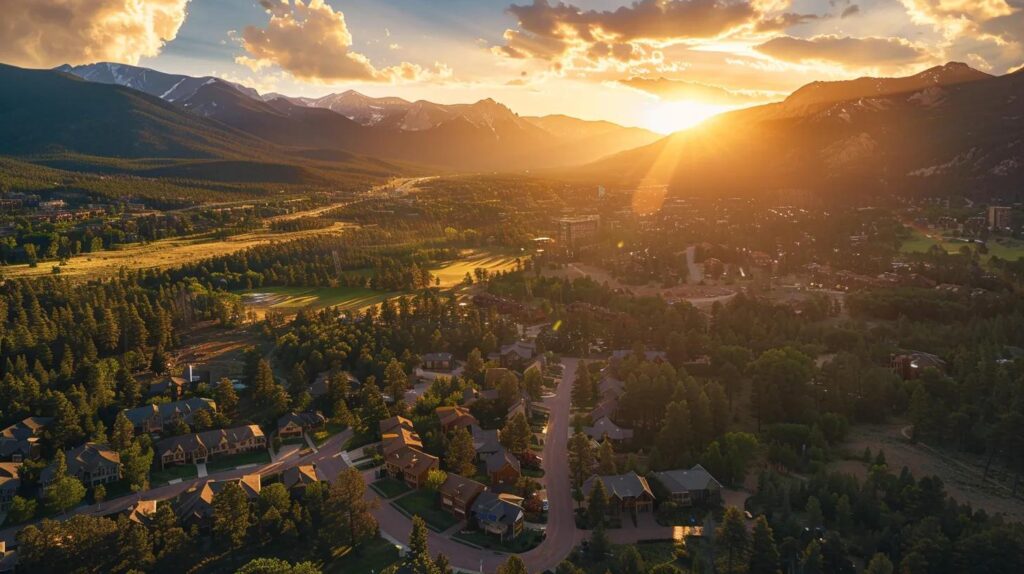 a breathtaking aerial view capturing the vibrant colors of newly constructed affordable homes nestled against the majestic colorado rocky mountains, bathed in warm golden sunlight during the golden hour.