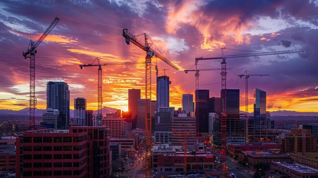 a dramatic skyline of denver at sunset, showcasing various impressive construction projects, with cranes silhouetted against the vibrant orange and purple hues of the sky, symbolizing the dynamic evolution of urban development.