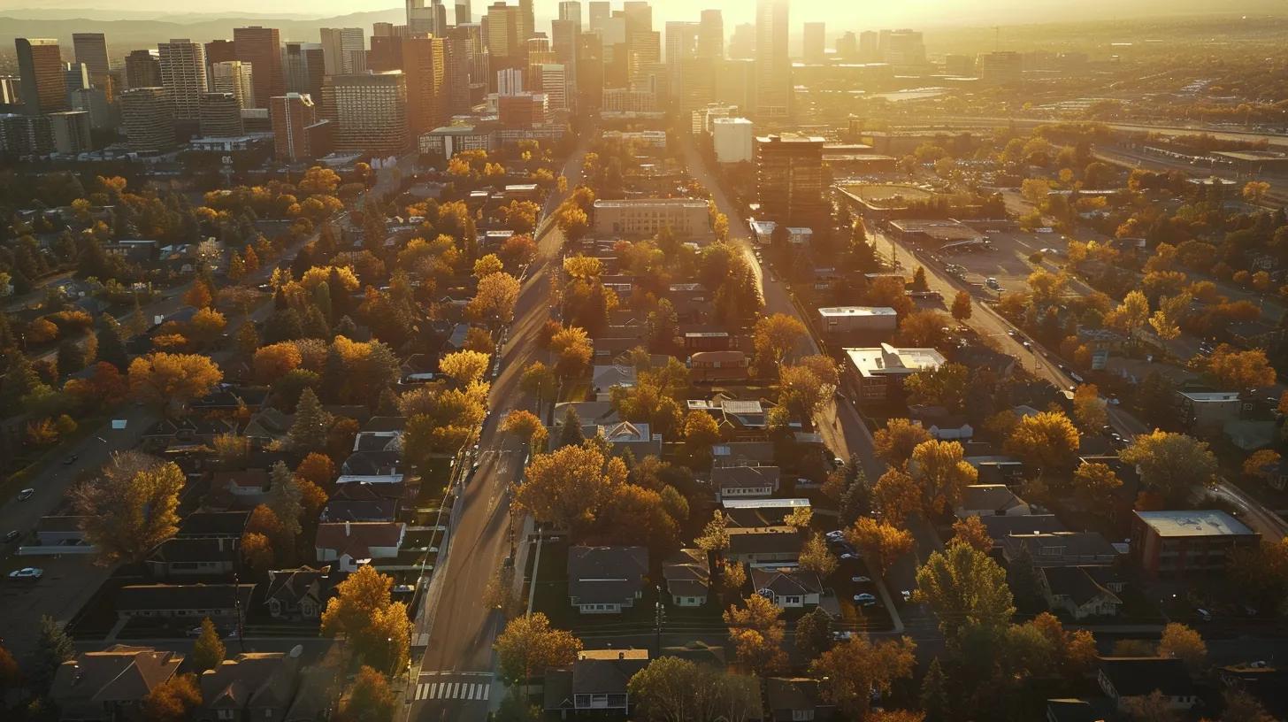 a dynamic aerial view of a bustling denver skyline, showcasing a striking contrast between sleek commercial buildings and charming residential homes, illuminated by the golden glow of sunset.