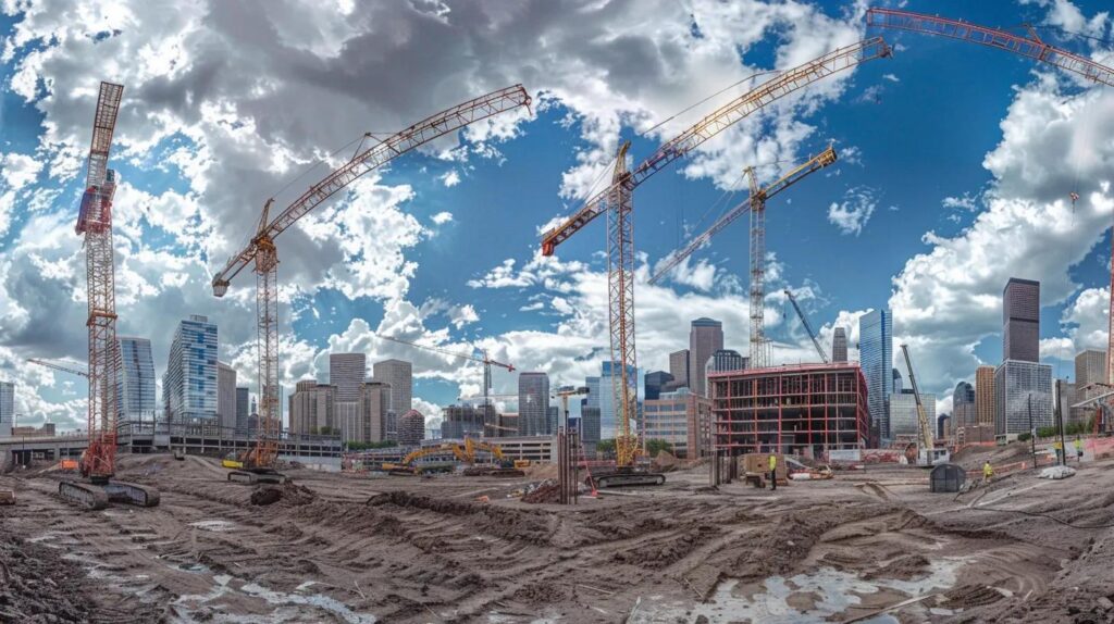 a panoramic view of a bustling denver skyline, highlighting modern construction sites with cranes, showcasing the vibrant energy and growth in the city while emphasizing the average cost per square foot for construction.