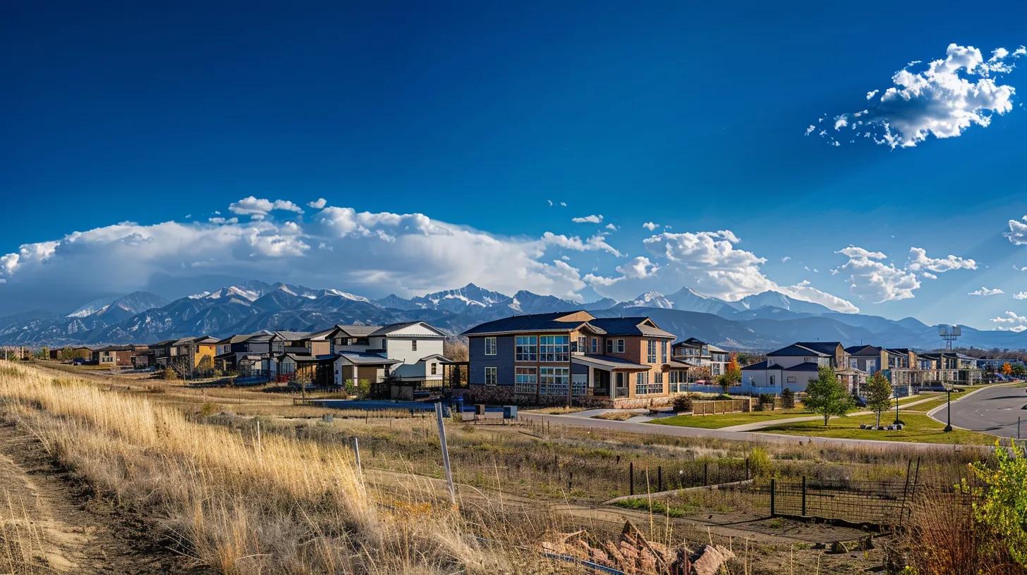 a panoramic view of modern, affordable homes surrounded by the scenic backdrop of the rocky mountains in denver, showcasing innovative construction styles and vibrant landscaping under bright, blue skies.