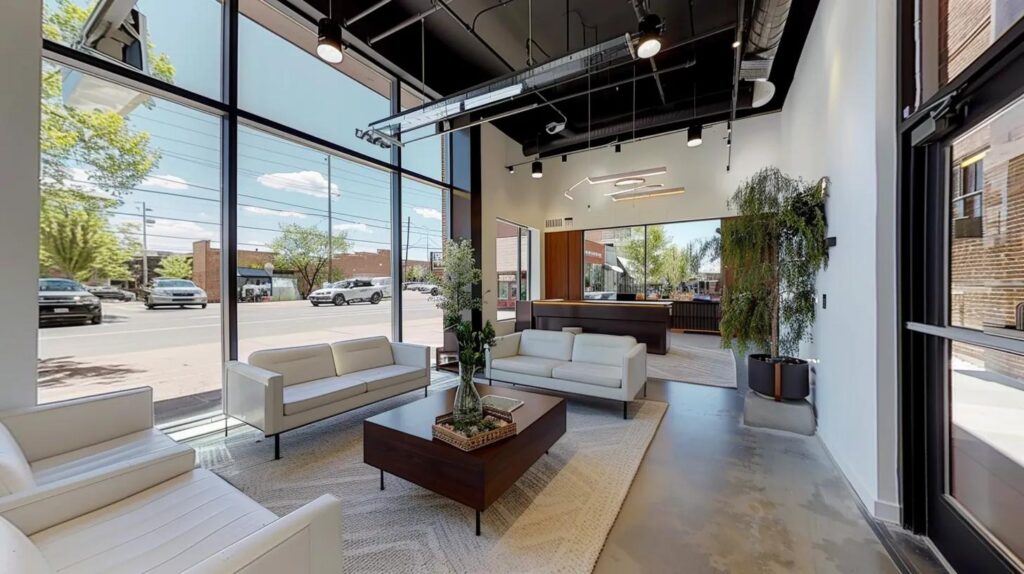 a sleek and modern commercial space in denver showcases vibrant renovations with open areas featuring contemporary furnishings and large windows that flood the room with natural light, emphasizing a dynamic business environment.