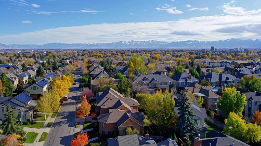 a stunning aerial view of a vibrant denver neighborhood showcasing a striking contrast between sleek, modern custom homes and traditional, charming architectural builds surrounded by the majestic rocky mountains.