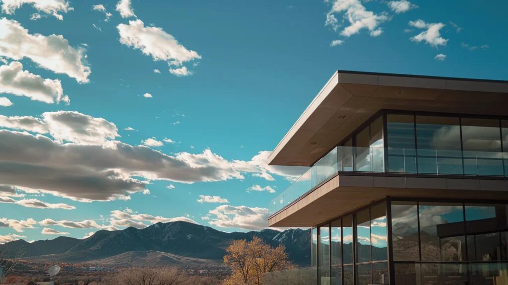 a stunning modern home in the heart of denver, showcasing sleek architecture and large windows framed by vibrant blue skies and majestic mountain views.