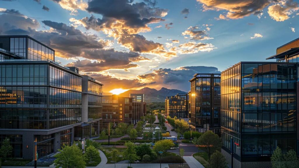 a vibrant colorado skyline showcases modern commercial buildings undergoing stunning renovations, highlighted by golden sunlight reflecting off their glass facades against a backdrop of the majestic rocky mountains.