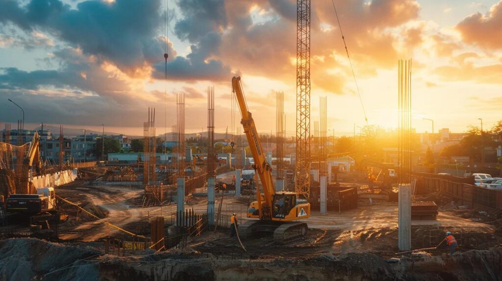 a vibrant construction site bustling with skilled workers and modern machinery, showcasing the solid foundation of a local commercial project under the golden glow of sunset.