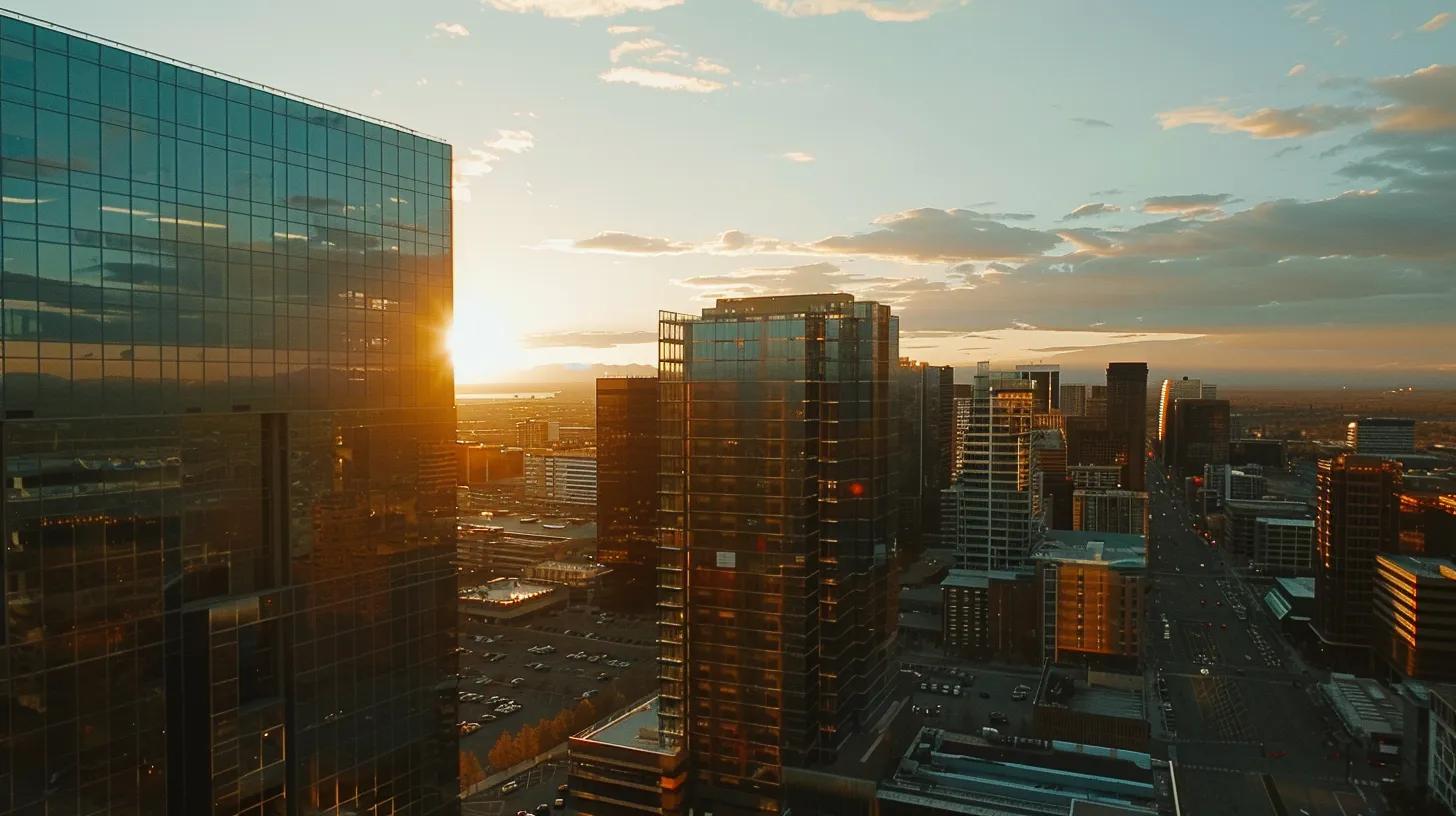 a stunning aerial view of a vibrant denver skyline, showcasing modern commercial buildings under a bright blue sky, emphasized by the golden glow of sunset reflecting off their glass façades.