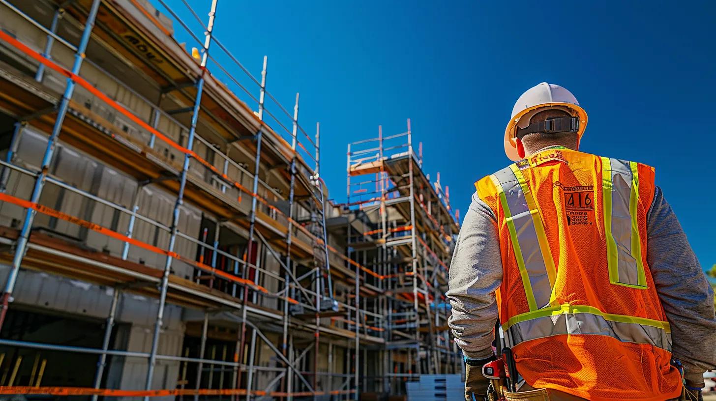 a confident contractor surveys a bustling denver construction site, surrounded by scaffolding and safety barriers, while a clear blue sky captures the essence of compliance with local building codes.