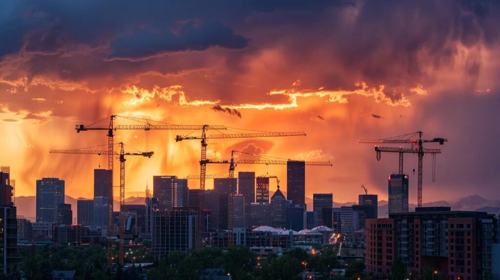 a dramatic skyline of denver under ominous storm clouds, with construction cranes silhouetted against the turbulent sky, highlighting the challenges of urban development amidst unpredictable weather conditions.