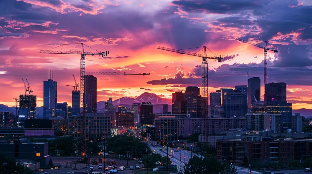 a dramatic skyline of denver is silhouetted at sunset, with towering cranes and construction sites in the foreground, symbolizing the challenges and aspirations of budget management in urban construction projects.