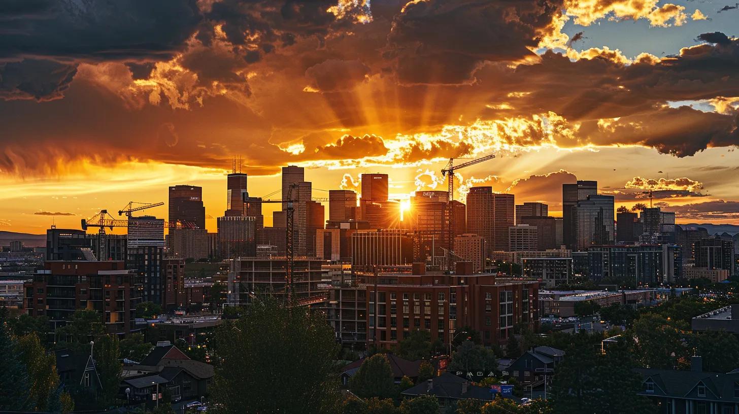 a dramatic skyline of denver juxtaposed with towering cranes and scaffolding, capturing the vibrant energy of local commercial construction in contrast to the sleek, corporate silhouettes of national firms against a sunset backdrop.