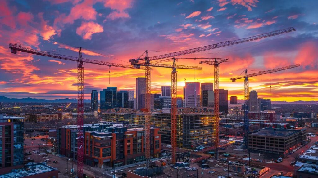 a grand view of a bustling denver skyline, showcasing modern custom commercial construction projects under a vibrant sunset, with cranes and scaffolding silhouetted against the colorful sky.