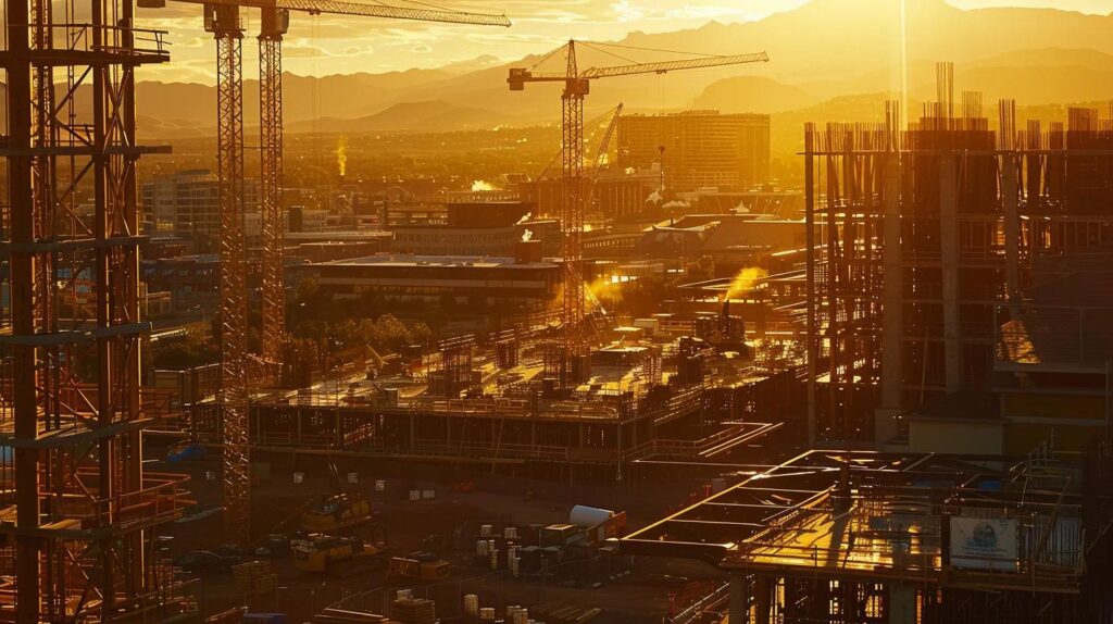 a panoramic view of a bustling denver construction site at sunset, showcasing towering cranes and construction workers overseeing the intricate framework of a rising building, illuminated by warm golden light that highlights the complexity and scale of the project.