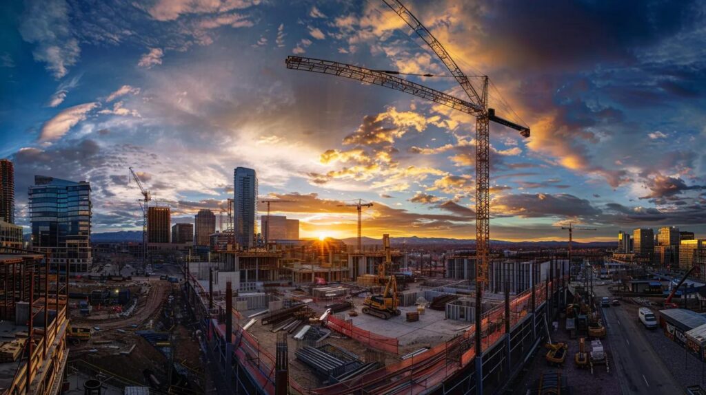 a panoramic view of denver's skyline juxtaposed with diverse construction sites, showcasing the vibrant contrast between local craftsmanship and national building trends under a dramatic sunset sky.