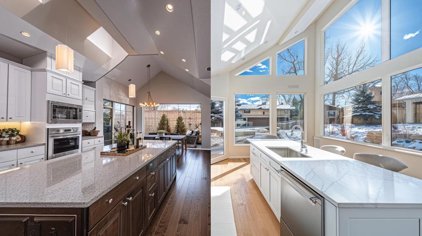 a stunning interior transformation showcases a luxurious, modern kitchen with sleek cabinetry, gleaming countertops, and natural light flooding in through expansive windows, highlighting denver's premier remodeling services.