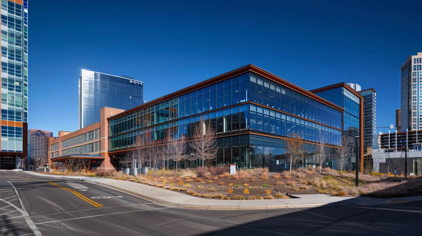 a vibrant, modern urban landscape showcasing a strikingly renovated commercial building in denver, with sleek lines and bold colors that exemplify innovative design strategies under a bright blue sky.